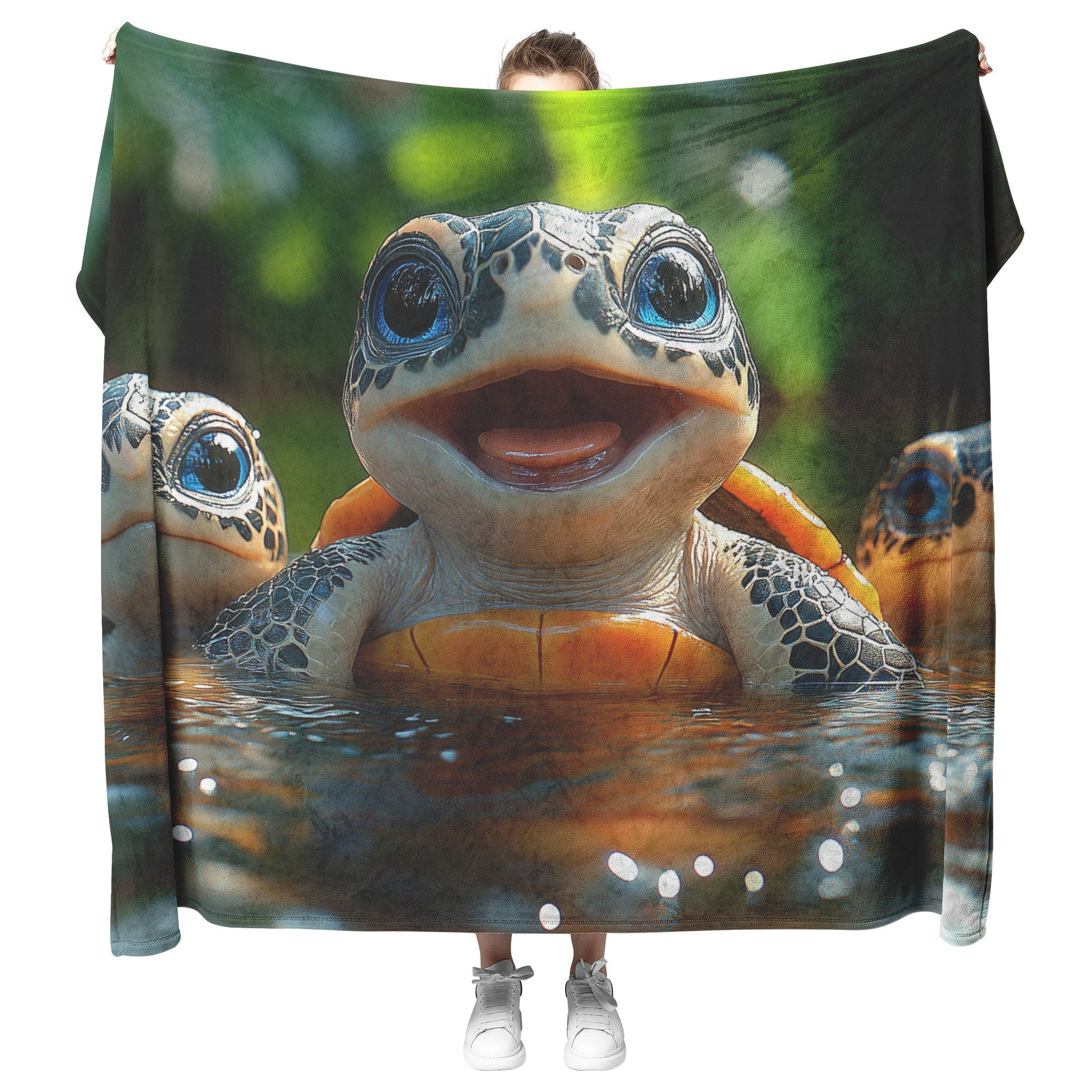 Adorable Baby Turtles Playing in Clear Jungle River Flowing with Lush Greenery Cozy Fleece Sherpa Blanket - Awakening Righteousness