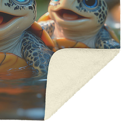 Adorable Baby Turtles Playing in Jungle River with Clear Water and Lush Greenery Cozy Fleece Sherpa Blanket - Awakening Righteousness