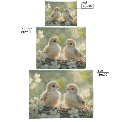 Adorable Baby Yellow Birds with Blue Eyes in Cozy Nest Surrounded by White Flowers Fleece Sherpa Blanket - Awakening Righteousness
