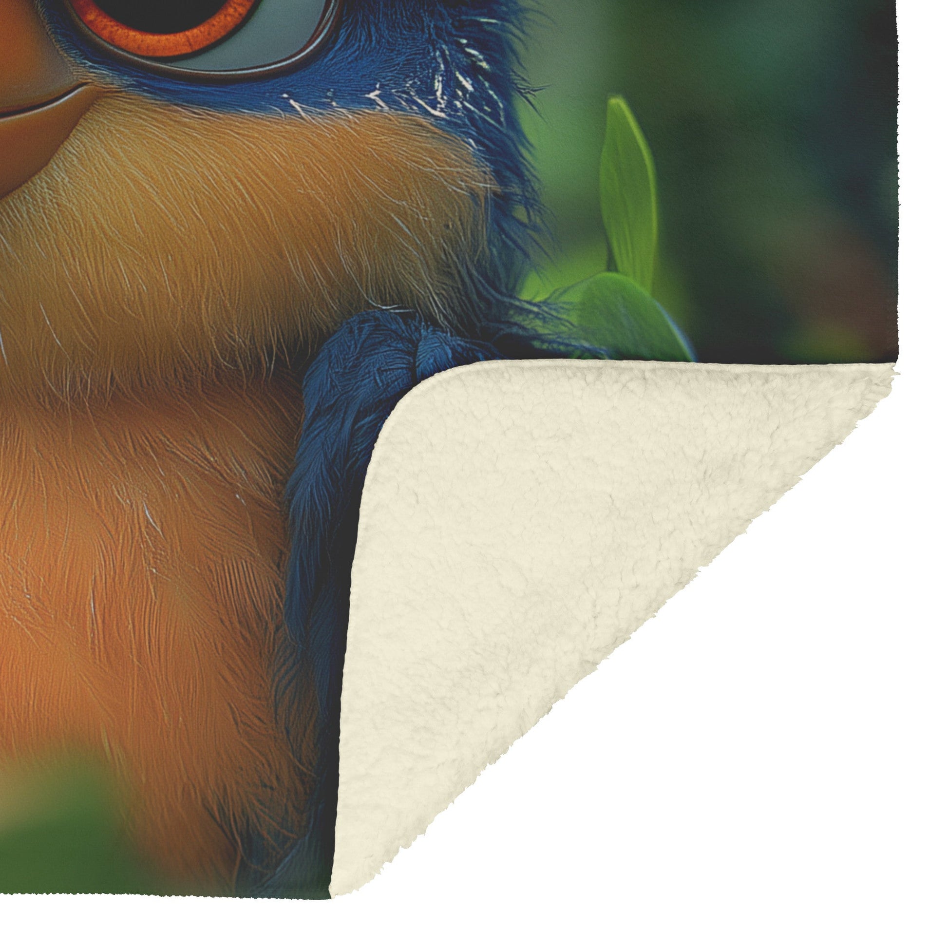 Adorable Blue and Orange Bird with Big Eyes in Lush Forest Cozy Fleece Sherpa Blanket - Awakening Righteousness