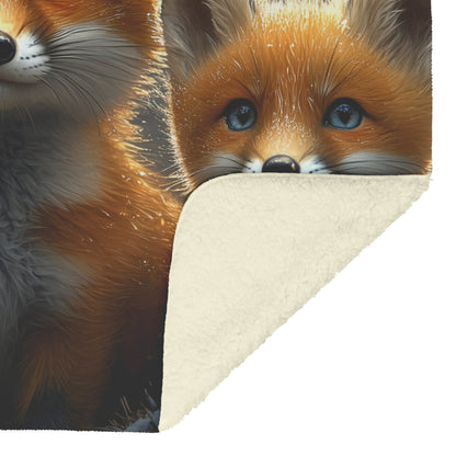 Adorable Blue Eyed Fox Cubs in Lush Forest Setting Cozy Fleece Sherpa Blanket - Awakening Righteousness