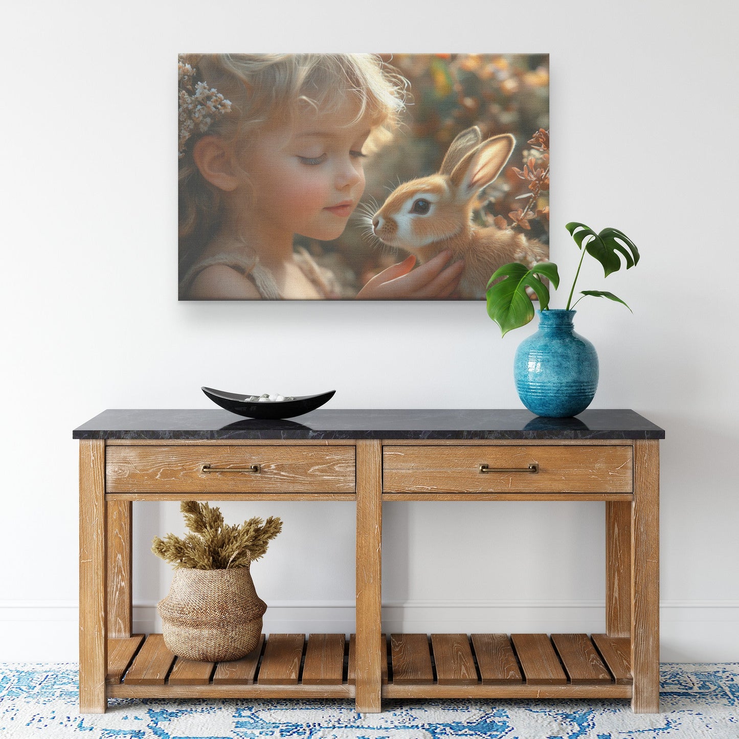 Adorable Child and Bunny in Whimsical Nature Scene Canvas Wall Art Decor - Awakening Righteousness