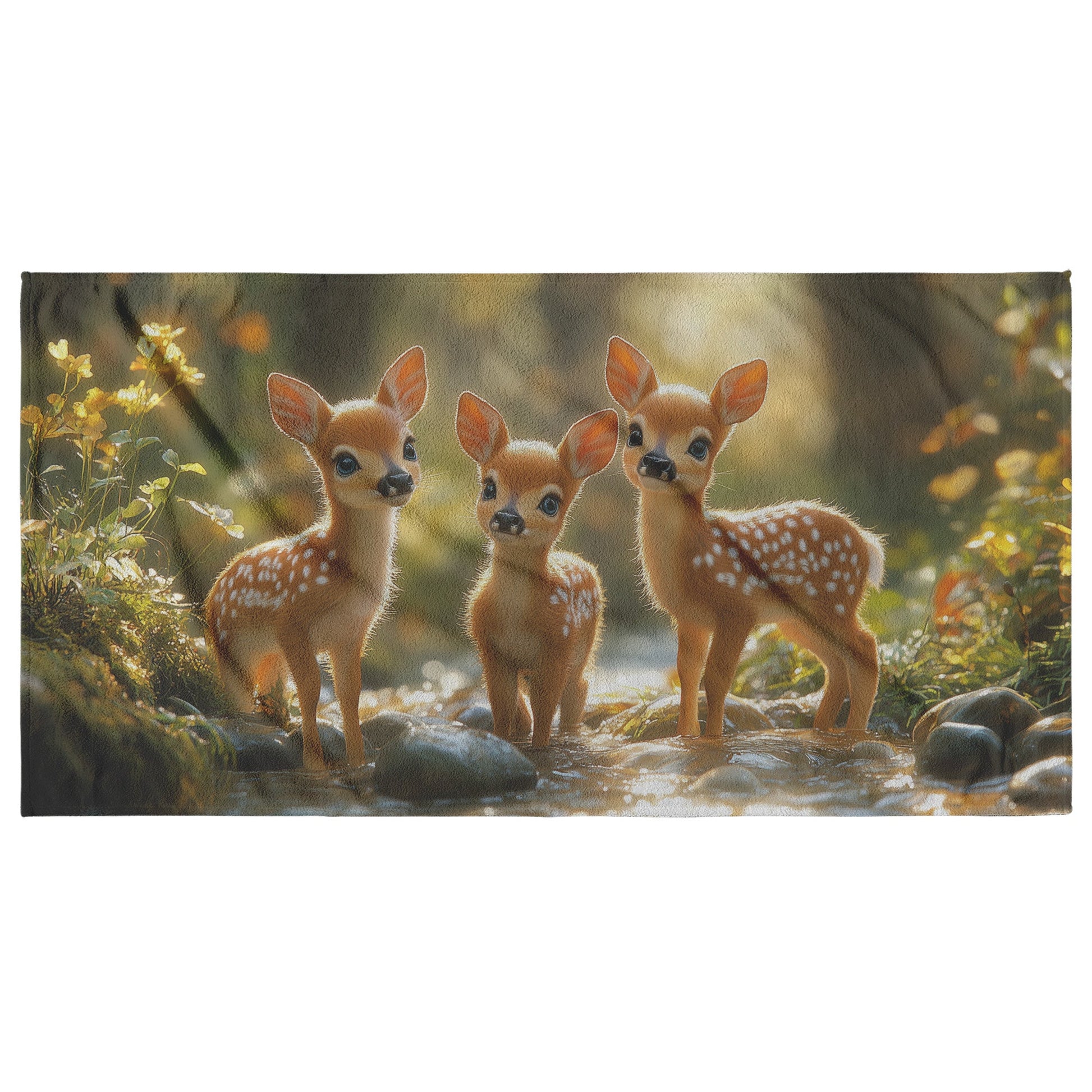Adorable Fawns in Forest Stream Beach Towel for Nature and Wildlife Enthusiasts - Awakening Righteousness