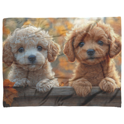 Adorable Golden-Brown Poodle Puppies on Wooden Fence with Autumn Scene Cozy Fleece Sherpa Blanket - Awakening Righteousness