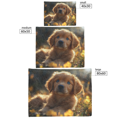 Adorable Golden Retriever Puppy Playing in Sunlit Meadow Cozy Fleece Sherpa Blanket - Awakening Righteousness