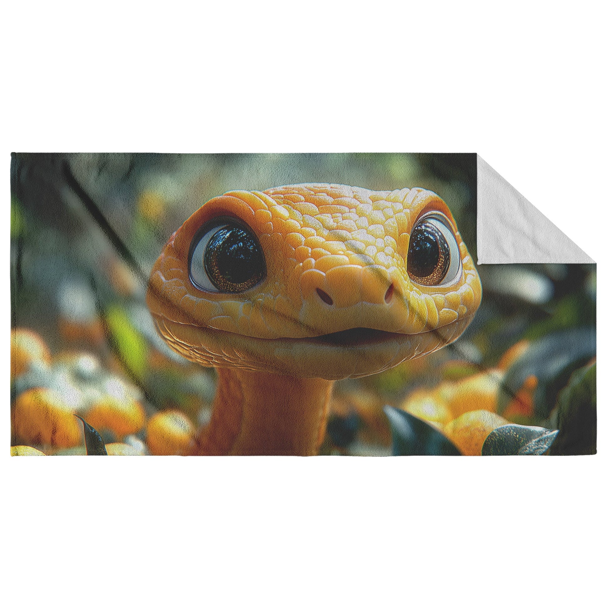Adorable Golden Snake Towel Playful Design with Big Eyes and Vibrant Orange Citrus Theme for Unique Style - Awakening Righteousness