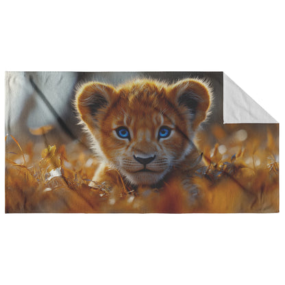 Adorable Lion Cub with Mesmerizing Blue Eyes Beach Towel for Wildlife Enthusiasts - Awakening Righteousness
