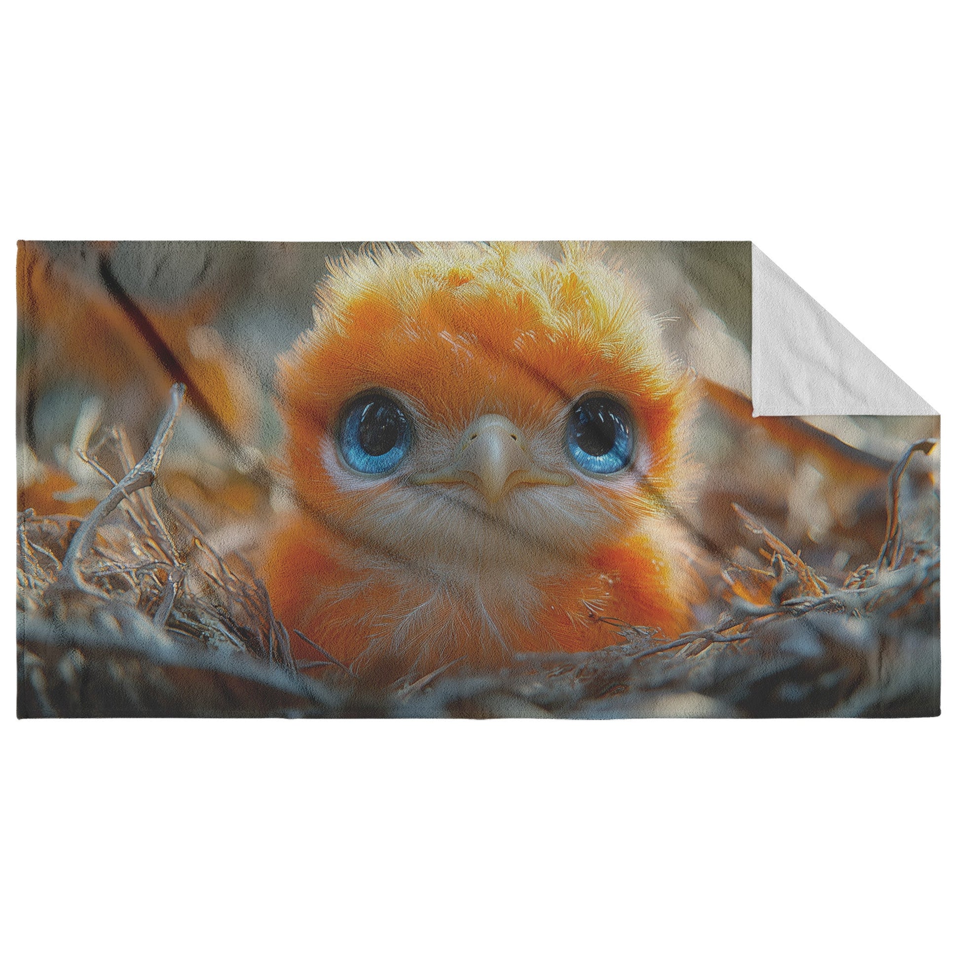 Adorable Orange Baby Bird with Big Blue Eyes in Nest Beach Towel for Bird Lovers and Nature Enthusiasts - Awakening Righteousness