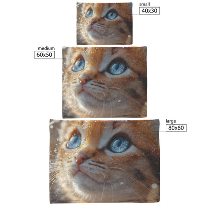 Adorable Orange Cat with Blue Eyes Surrounded by Snowflakes Cozy Fleece Sherpa Blanket - Awakening Righteousness