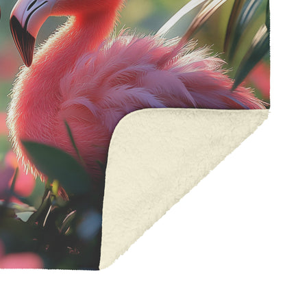 Adorable Pink Flamingos with Blue Eyes in Lush Jungle Surrounded by Pink Flowers Cozy Fleece Sherpa Blanket - Awakening Righteousness