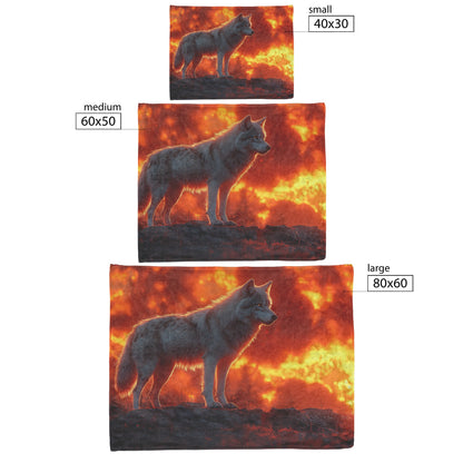 Alpha Wolf Standing Tall on Rocky Ledge Under Fiery Red Sunset Glowing Clouds Cozy Sherpa Blanket - Awakening Righteousness