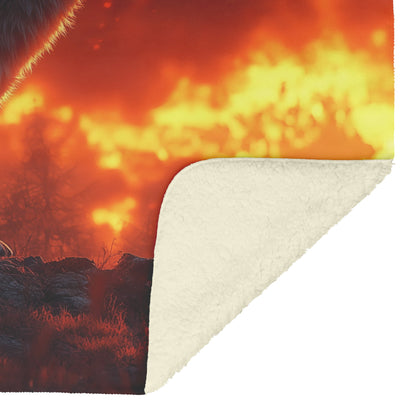 Alpha Wolf Standing Tall on Rocky Ledge Under Fiery Red Sunset Glowing Clouds Cozy Sherpa Blanket - Awakening Righteousness