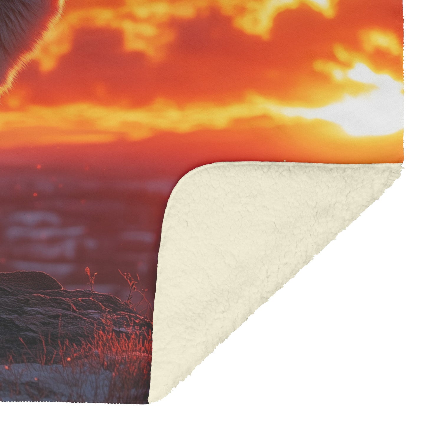Alpha Wolf Standing Tall on Rocky Ledge Under Fiery Red Sunset Glowing Clouds Cozy Sherpa Blanket - Awakening Righteousness