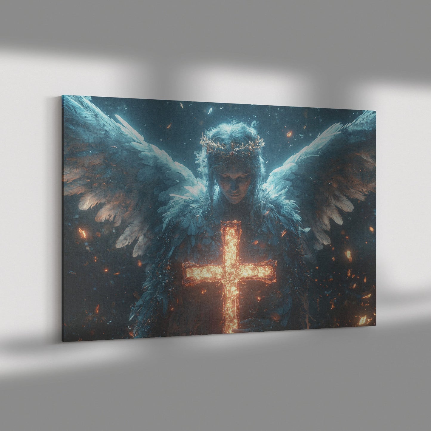 Angel Holding Glowing Fiery Cross Crowned with Light in Celestial Realm Canvas Wall Art for Spiritual Home Decor - Awakening Righteousness