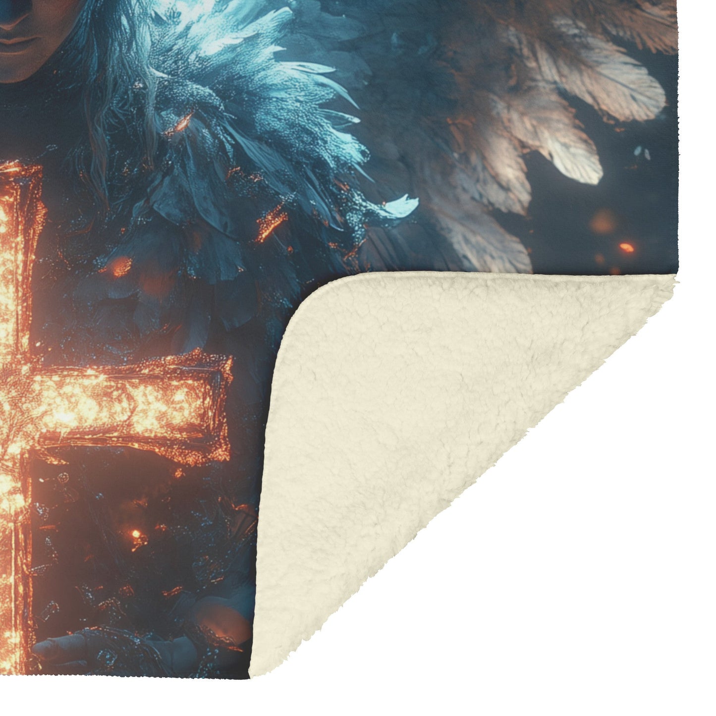 Angelic Figure Holding Glowing Cross with Radiant Wings Fleece Sherpa Blanket Ultra Soft Cozy Perfect for Home Gift - Awakening Righteousness