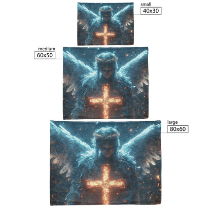 Angelic Figure Holding Glowing Cross with Radiant Wings Fleece Sherpa Blanket Ultra Soft Cozy Perfect for Home Gift - Awakening Righteousness