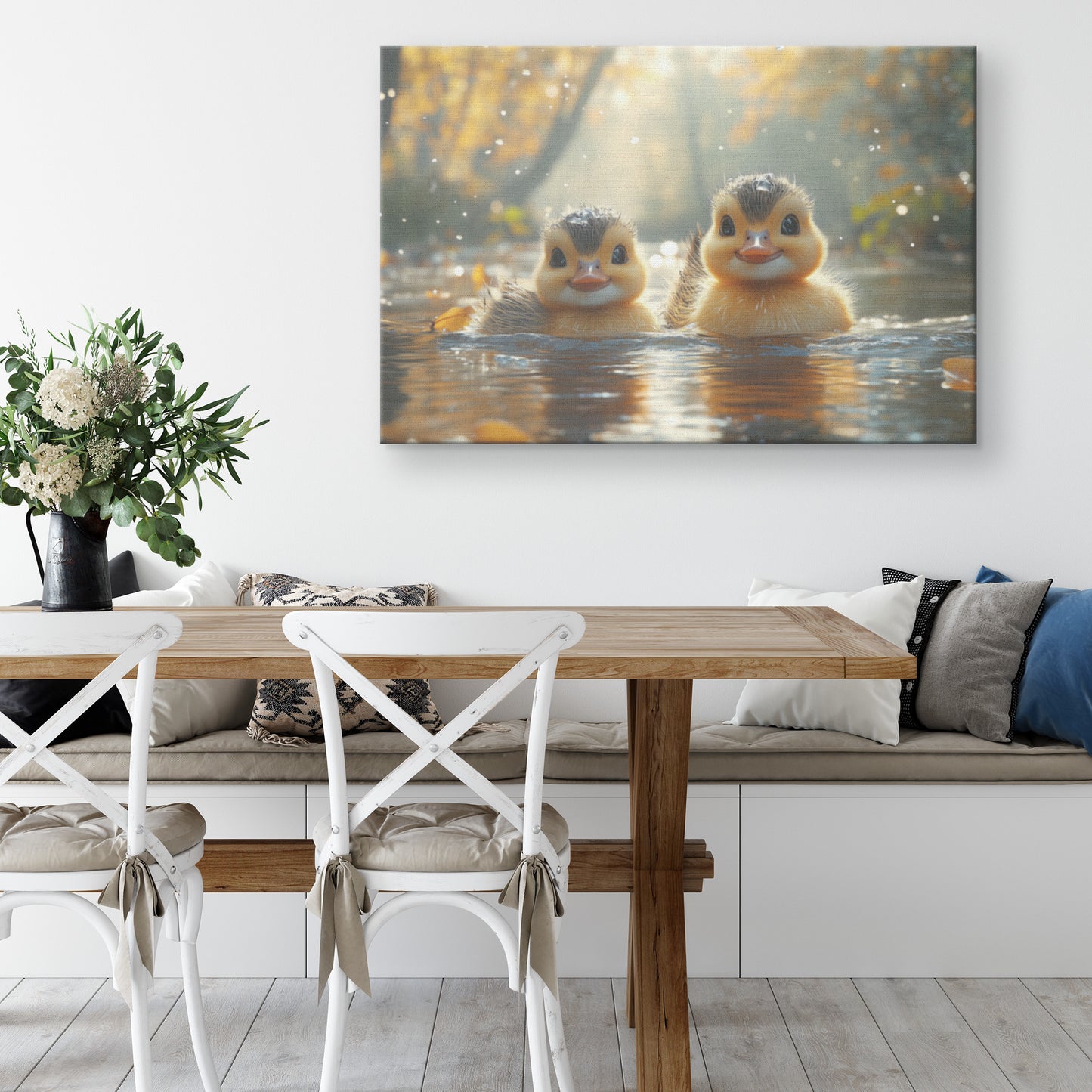 Adorable Baby Ducks Swimming Amidst Autumn Leaves in a Sunlit Forest Canvas Wall Art Decor - Awakening Righteousness