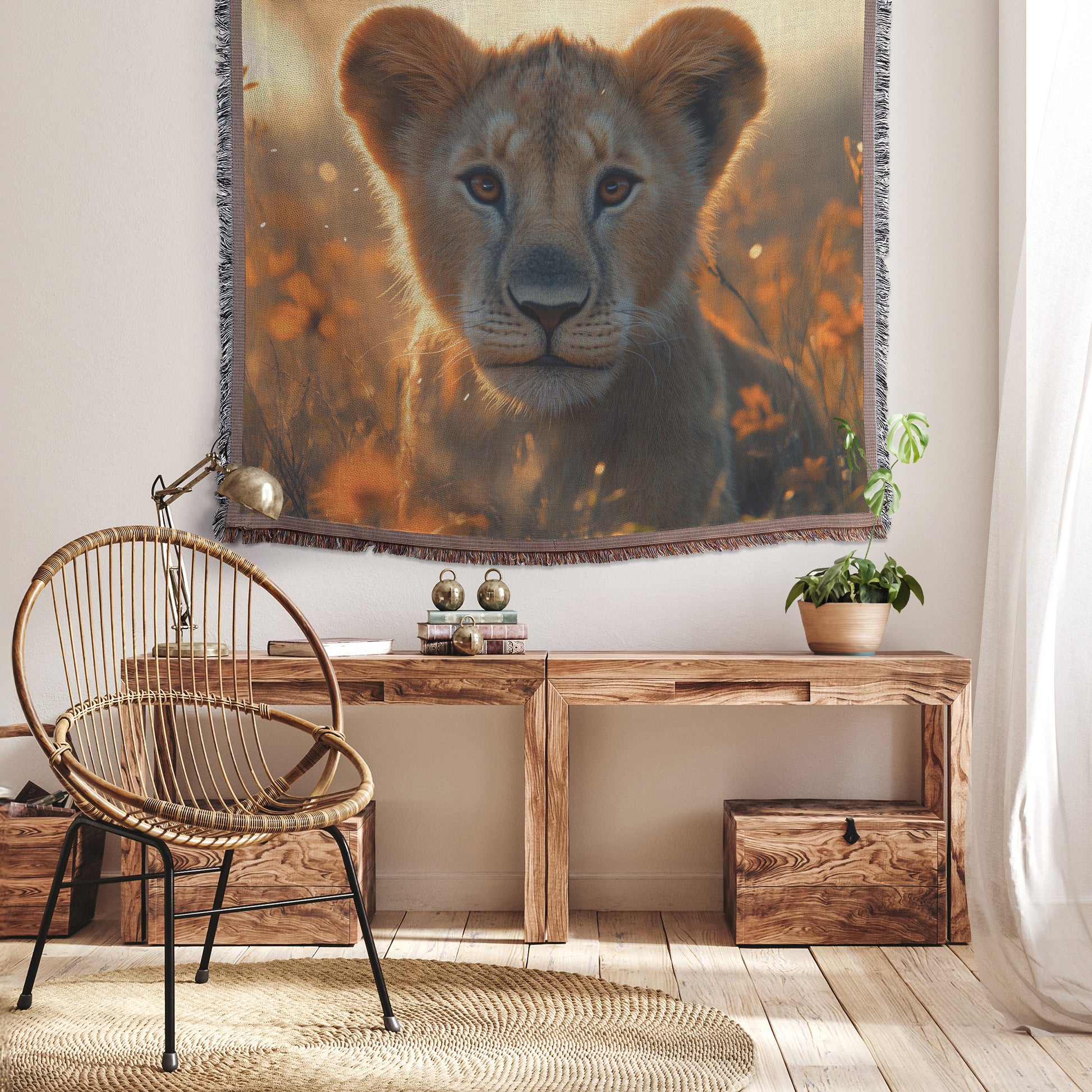 Adorable Baby Lion in Golden Savannah Throw Blanket Cozy Woven Kids Comfort Blanket with Serene Wildlife Scene for Children - Awakening Righteousness