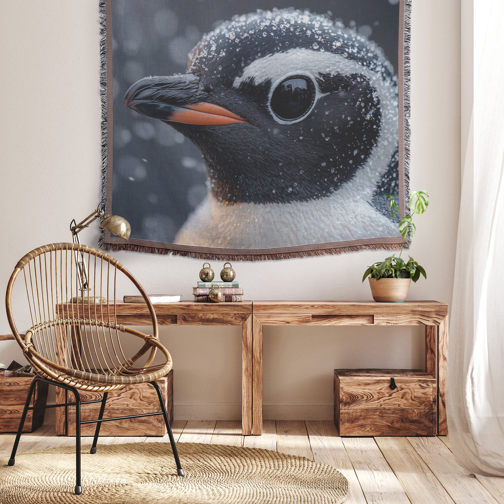 Adorable Penguin Winter Wonderland Throw Blanket  Cozy Woven Kids Comfort Blanket with Arctic Charm  Heartwarming Nature-Inspired Prayer Healing Blanket for Children - Awakening Righteousness