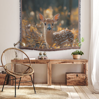 Autumn Deer Fawn with Golden Forest Throw Blanket  Cozy Woven Kids Comfort Blanket with Serene Wildlife Scene  Holy Faith Inspired Prayer Healing Blanket for Children - Awakening Righteousness