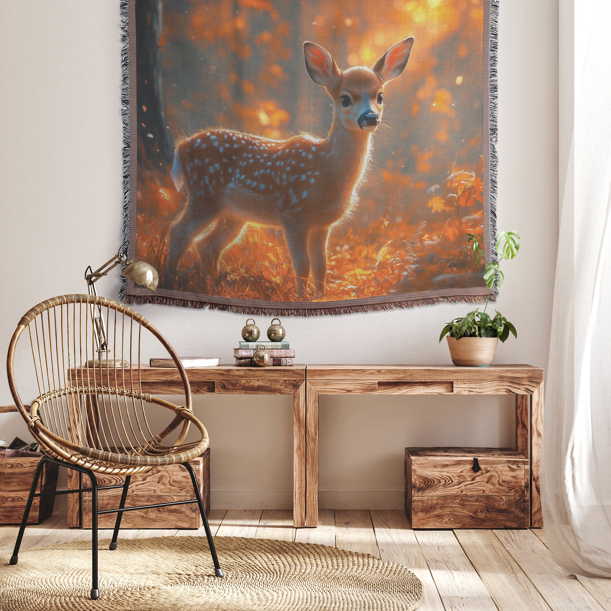 Autumn Fawn in Forest Clearing Throw Blanket  Cozy Woven Kids Comfort Blanket with Serene Wildlife Scene  Nature-Inspired Prayer Healing Blanket for Children - Awakening Righteousness