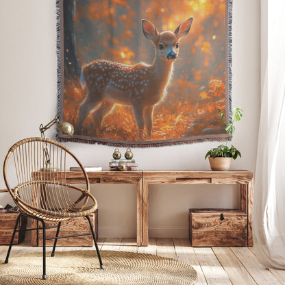 Autumn Fawn in Forest Clearing Throw Blanket  Cozy Woven Kids Comfort Blanket with Serene Wildlife Scene  Nature-Inspired Prayer Healing Blanket for Children - Awakening Righteousness