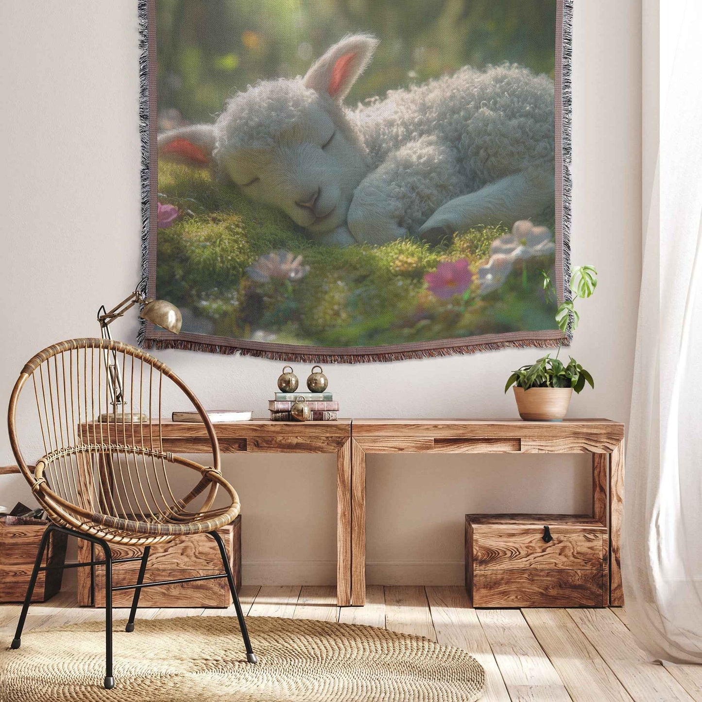 Baby Lamb Resting in a Lush Sunlit Meadow Surrounded Flowers Christian Throw Blanket  Cozy Woven Kids Comfort Blanket with Hope Holy Faith Inspired Prayer Healing Blanket for Children