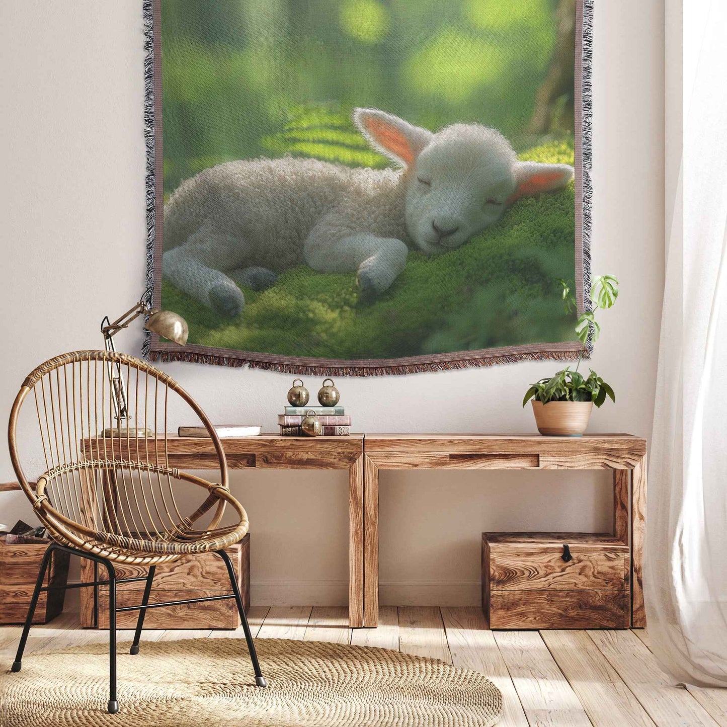 Baby Lamb Sleeping on a Lush Bed of Moss in a Tranquil Forest Throw Blanket Cozy Woven Kids Comfort Blanket for Children