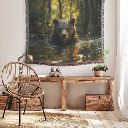 Brown Bear Swimming in Forest River Throw Blanket  Cozy Woven Kids Comfort Blanket with Natural Majesty  Wildlife-Inspired Prayer Healing Blanket for Children - Awakening Righteousness