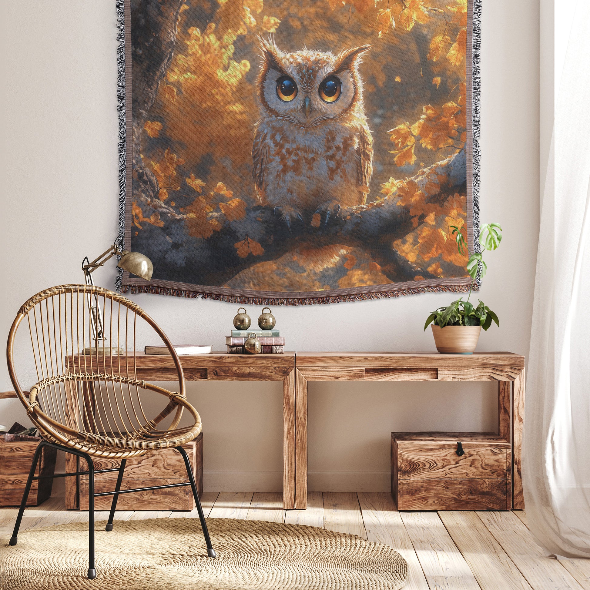 Charming Owl with Orange Eyes Perched Among Autumn Leaves Woven Throw Blanket  Cozy Fall Wildlife Art Perfect Home Decor for Owl Lovers Living Room Bedroom Office - Awakening Righteousness