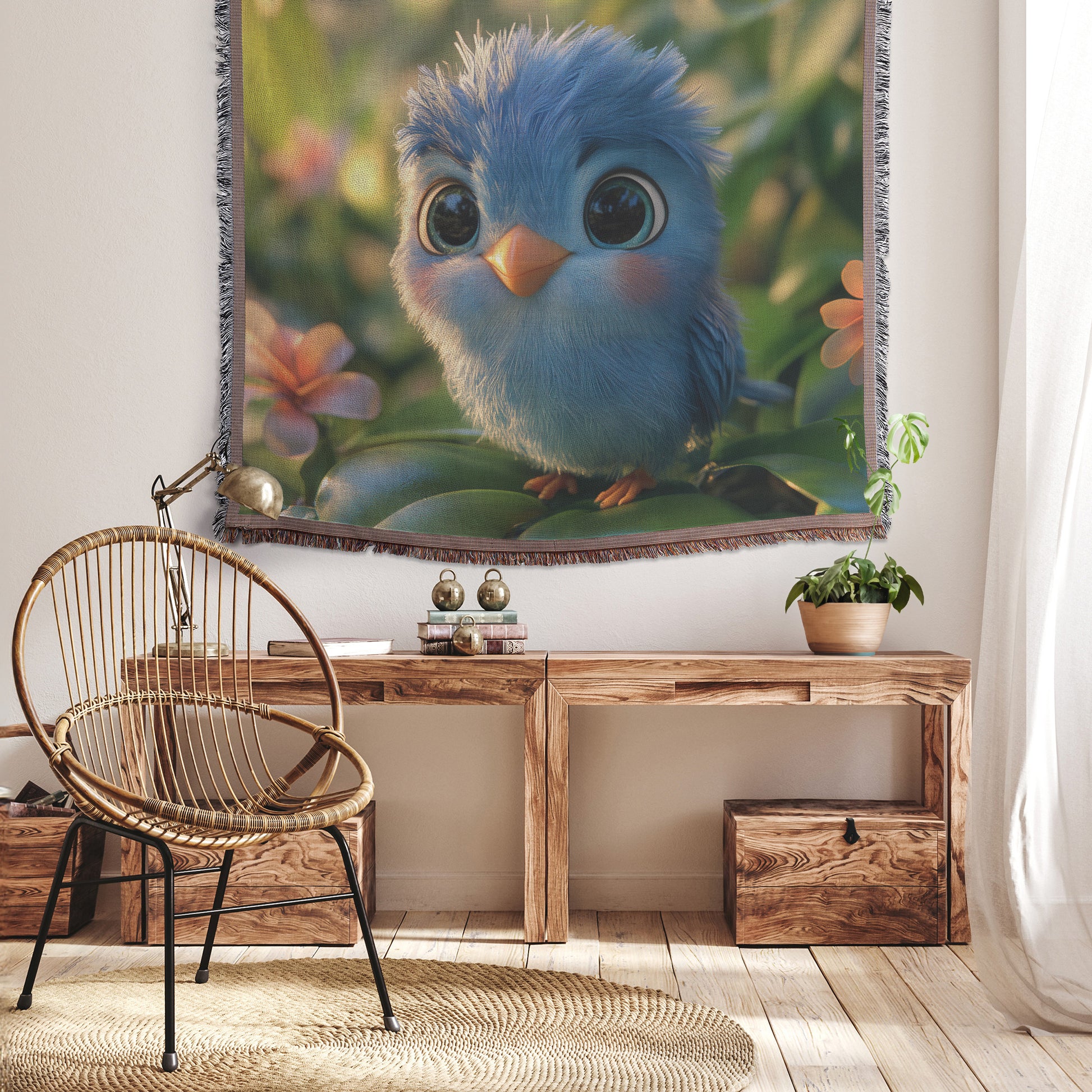 Cheerful Bluebird in Tropical Paradise Christian Throw Blanket  Cozy Woven Kids Comfort Blanket with Hope  Holy Faith Inspired Prayer Healing Blanket For Children - Awakening Righteousness