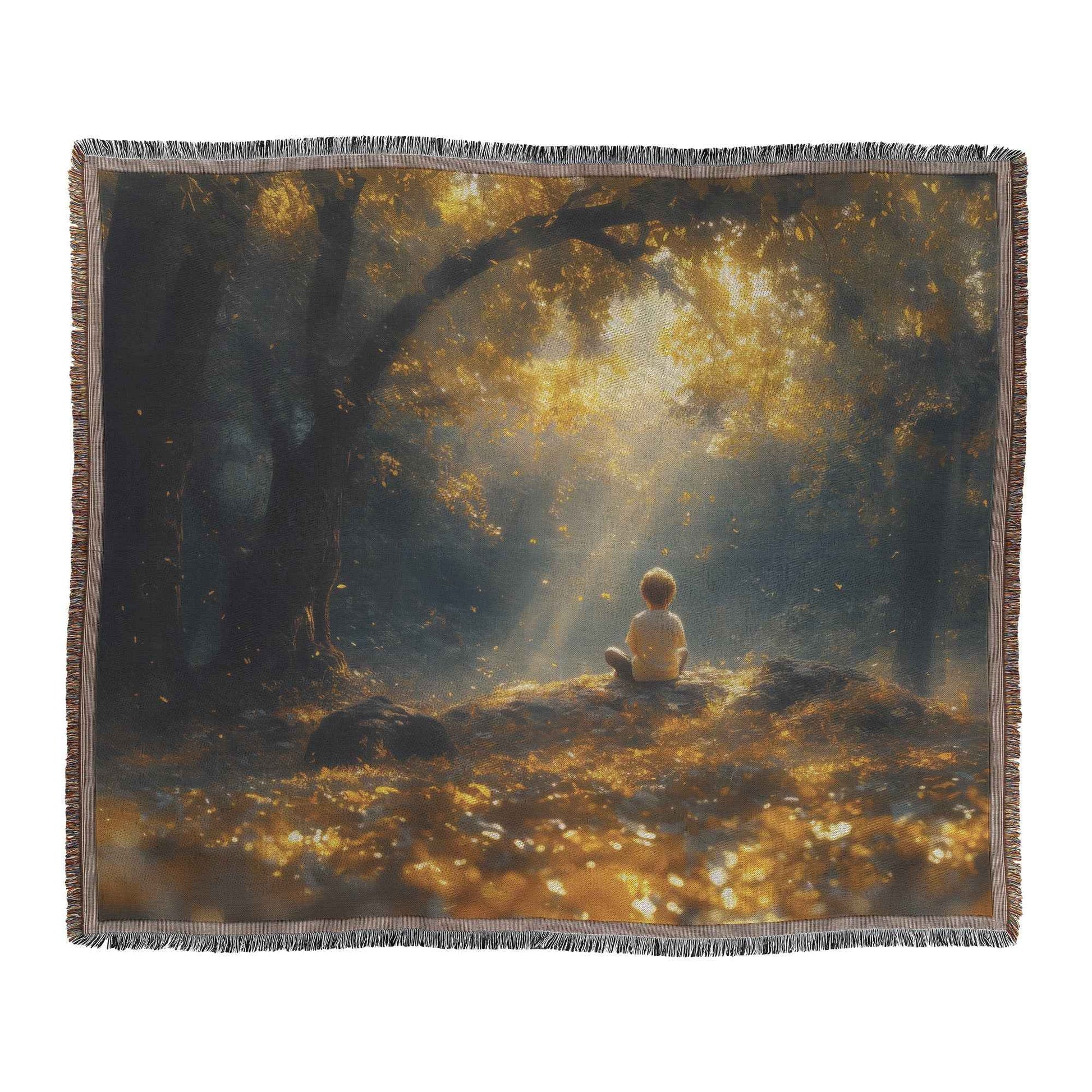 Child Praying in Golden Forest Christian Throw Blanket  Cozy Woven Kids Comfort Blanket  Holy Faith Inspired Healing Blanket for Children