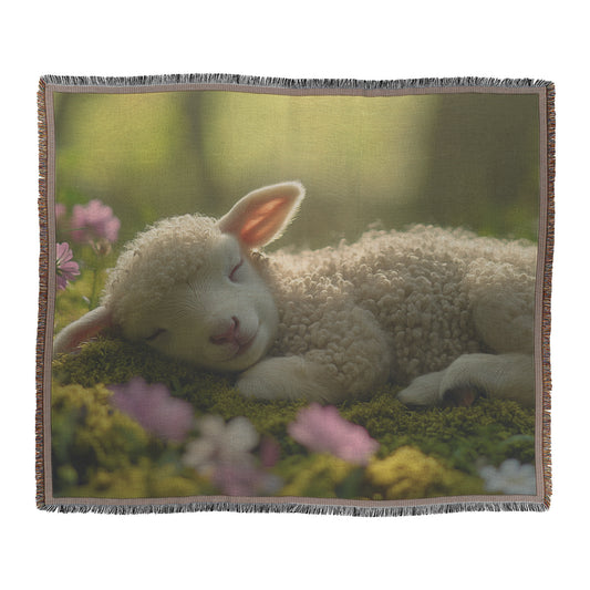 Cute Lamb Nestled in Moss Throw Blanket  Cozy Woven Kids Comfort Blanket with Floral Garden Scene  Holy Faith Inspired Prayer Healing Blanket for Children - Awakening Righteousness