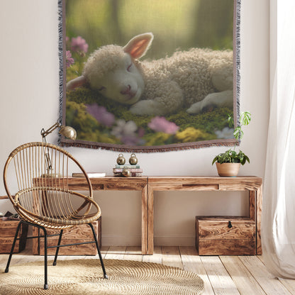 Cute Lamb Nestled in Moss Throw Blanket  Cozy Woven Kids Comfort Blanket with Floral Garden Scene  Holy Faith Inspired Prayer Healing Blanket for Children - Awakening Righteousness