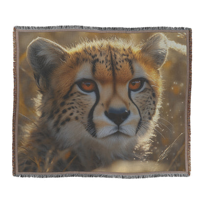 Elegant Cheetah Woven Throw Blanket  Stunning Wildlife Blanket with Piercing Eyes and Golden Sunlight for Nature Lovers  Perfect for Living Room Bedroom or Home Décor - Awakening Righteousness
