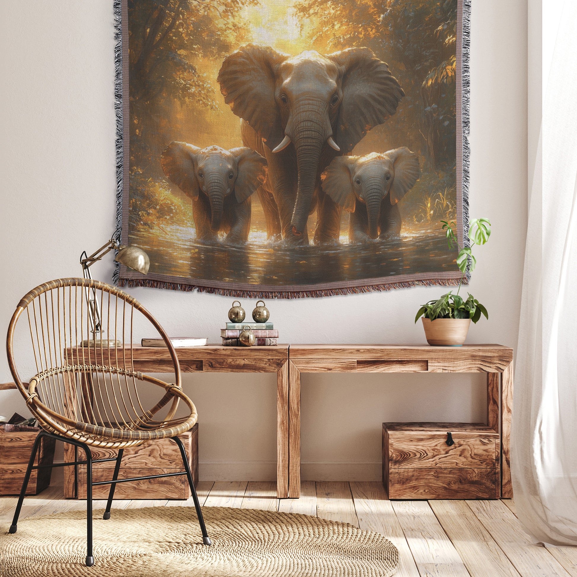 Elephant Family Walking Through Forest  Majestic Wildlife Art Woven Throw Blanket  Nature-Inspired Home Decor for Living Room & Office - Awakening Righteousness