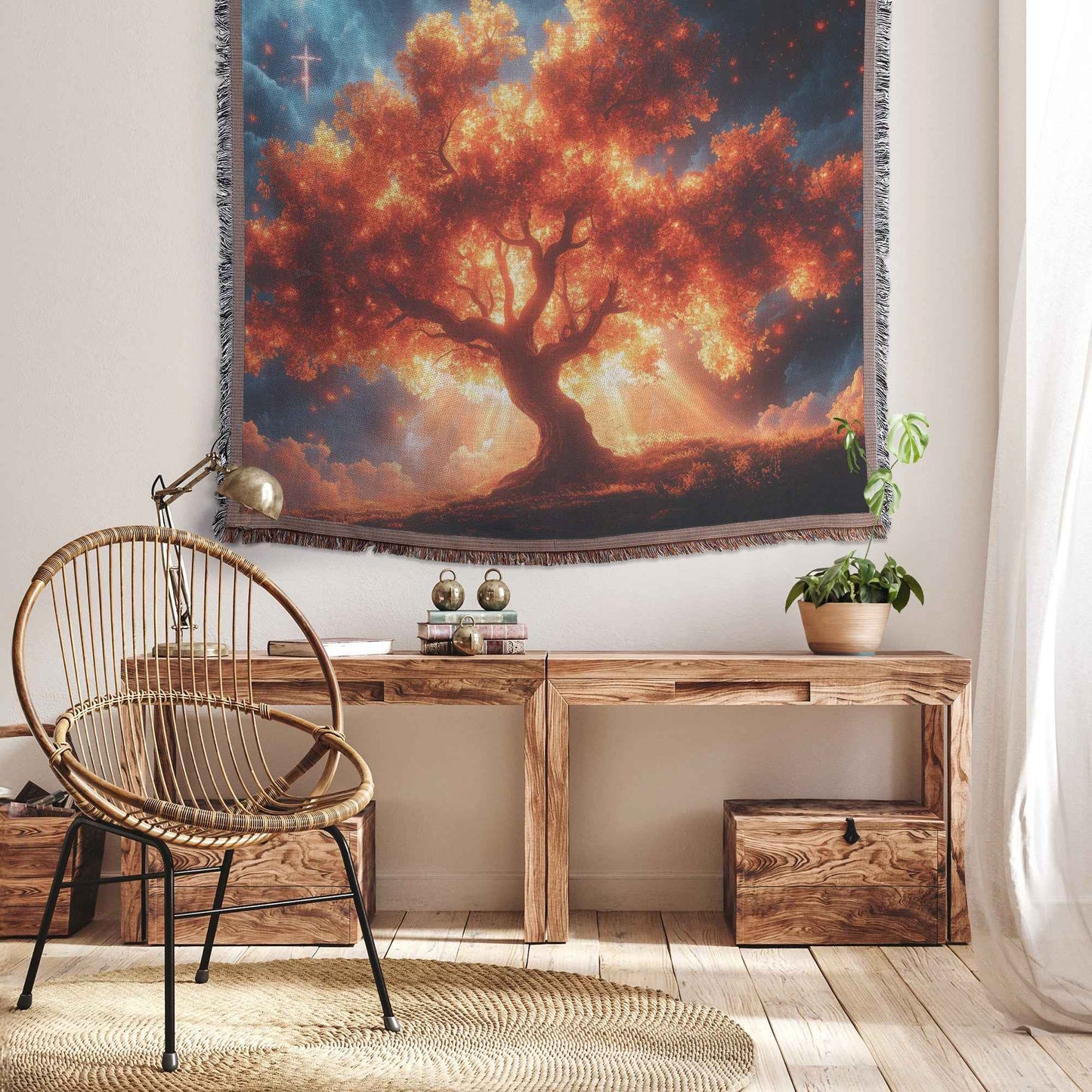 Enchanting Tree with Vibrant Orange Leaves Christian Throw Blanket  Cozy Woven Kids Comfort Blanket  Holy Faith Inspired Healing Blanket for Children