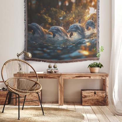 Family of Dolphins Playing in Forest Lake Christian Throw Blanket  Cozy Woven Kids Comfort Blanket with Joy  Holy Faith Inspired Prayer Healing Blanket for Children - Awakening Righteousness
