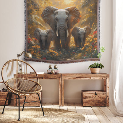 Heartwarming Family of Elephants Woven Throw Blanket  Elephants Walking Through Lush Jungle with Vibrant Flowers  Perfect for Living Room Office or Wildlife-Inspired Décor - Awakening Righteousness