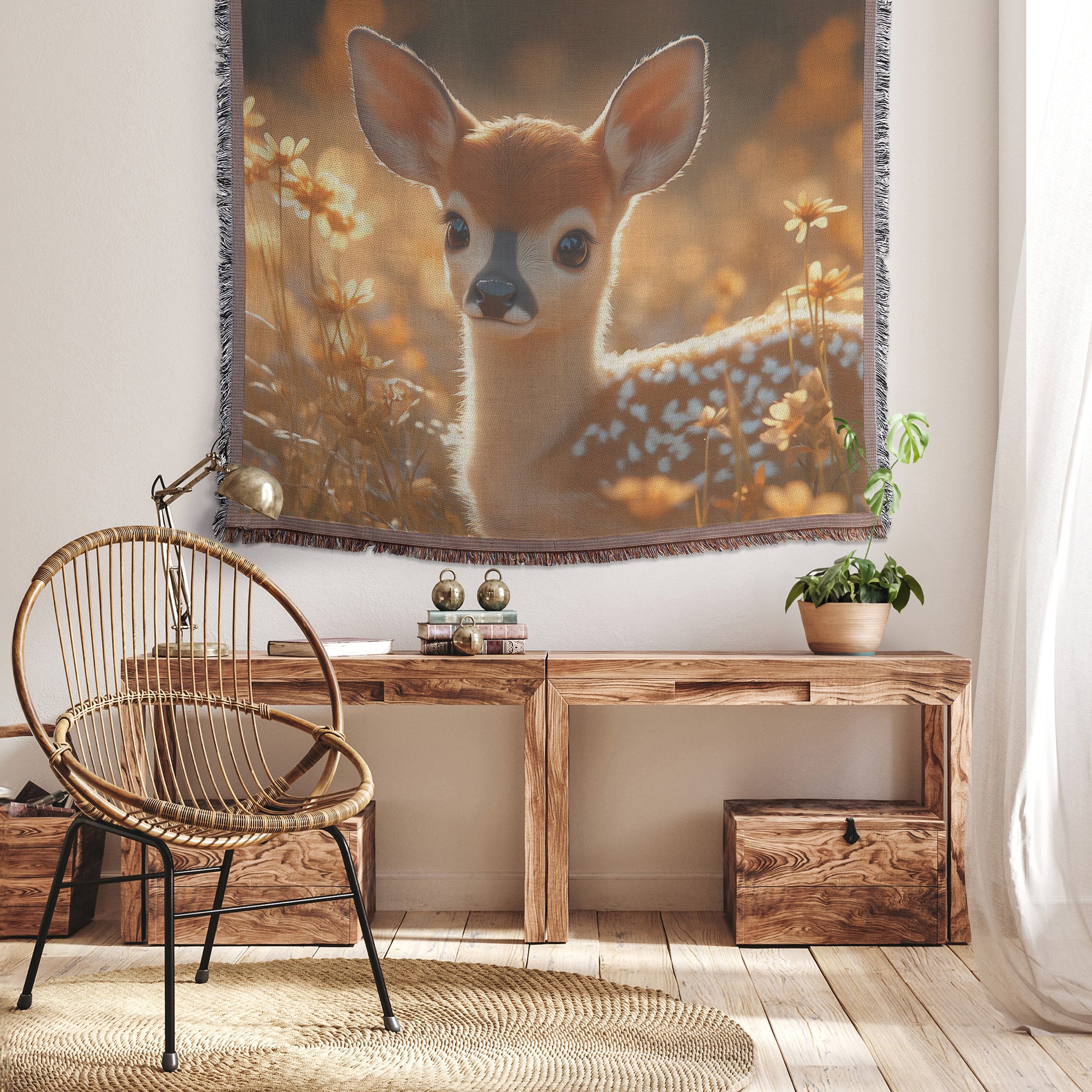 Innocent Baby Deer in Golden Flower Field  Serene Wildlife Woven Throw Blanket for Nature Lovers Living Rooms and Offices - Awakening Righteousness
