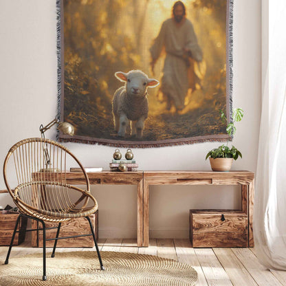 Jesus Walking with the Lamb Christian Woven Throw Blanket  Cozy Woven Kids Comfort Blanket  Holy Faith Inspired Healing Blanket for Children