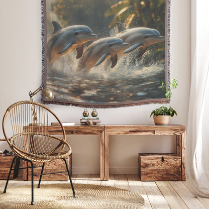 Joyful Dolphins in Morning Light Throw Blanket  Playful Ocean Scene Kids Blanket  Nature-Inspired Dolphin Blanket for Kids Room - Awakening Righteousness