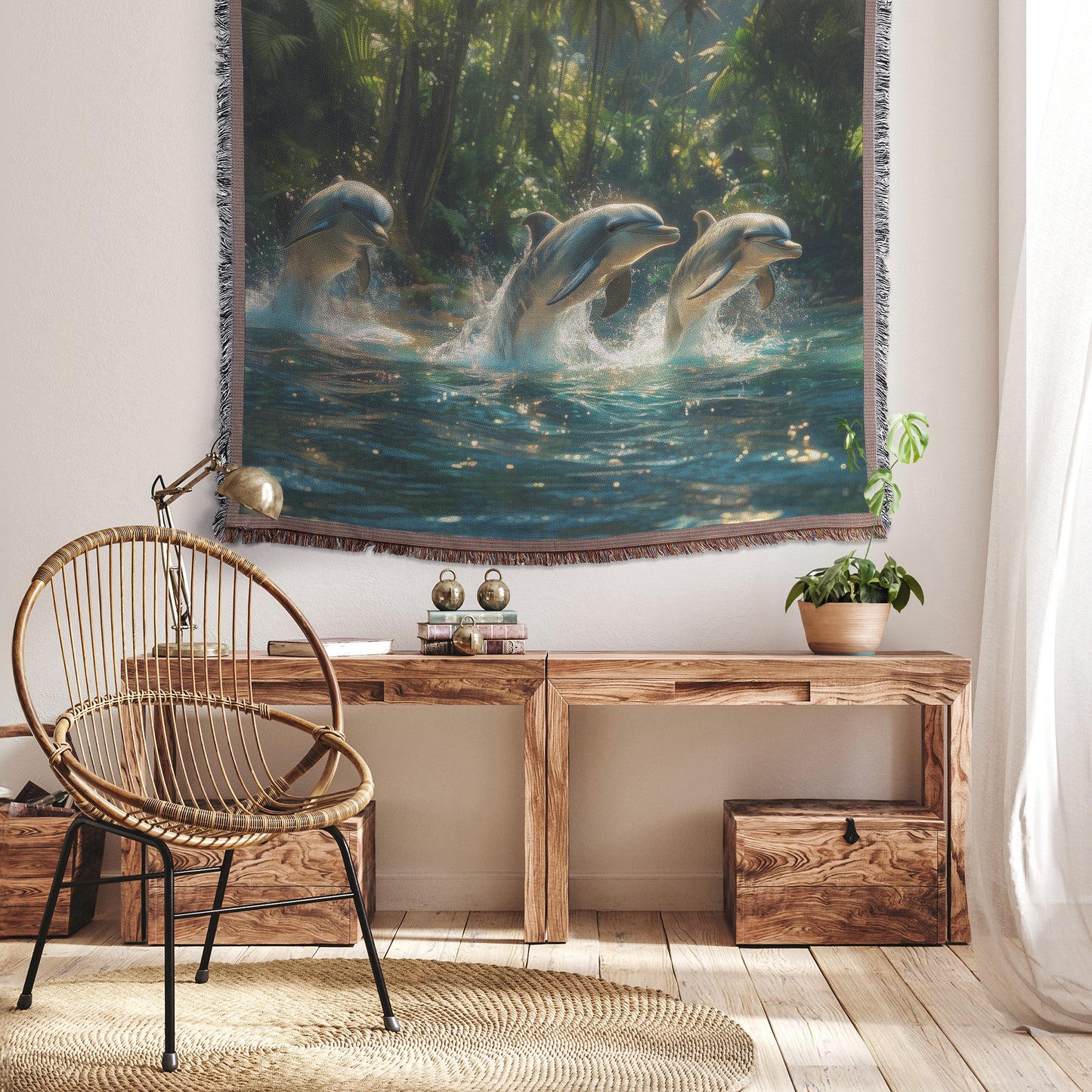 Joyful Dolphins in Tropical Paradise Throw Blanket  Cozy Woven Comfort Blanket with Oceanic Adventure  Freedom-Inspired Prayer Healing Blanket for Children - Awakening Righteousness