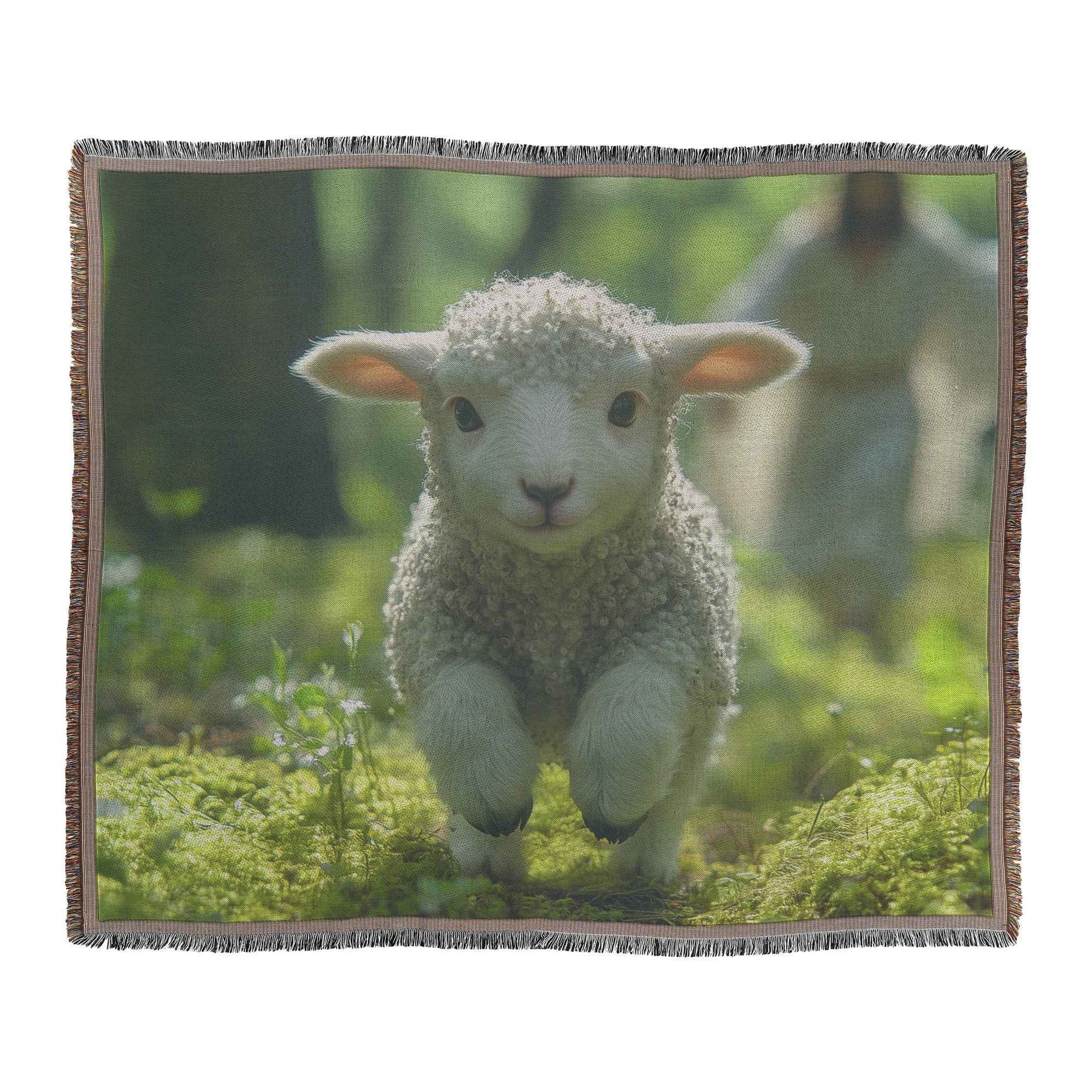 Joyful Lamb in Enchanted Forest with Jesus Christ Christian Woven Throw Blanket  Cozy Woven Kids Comfort Blanket  Holy Faith Inspired Healing Blanket for Children