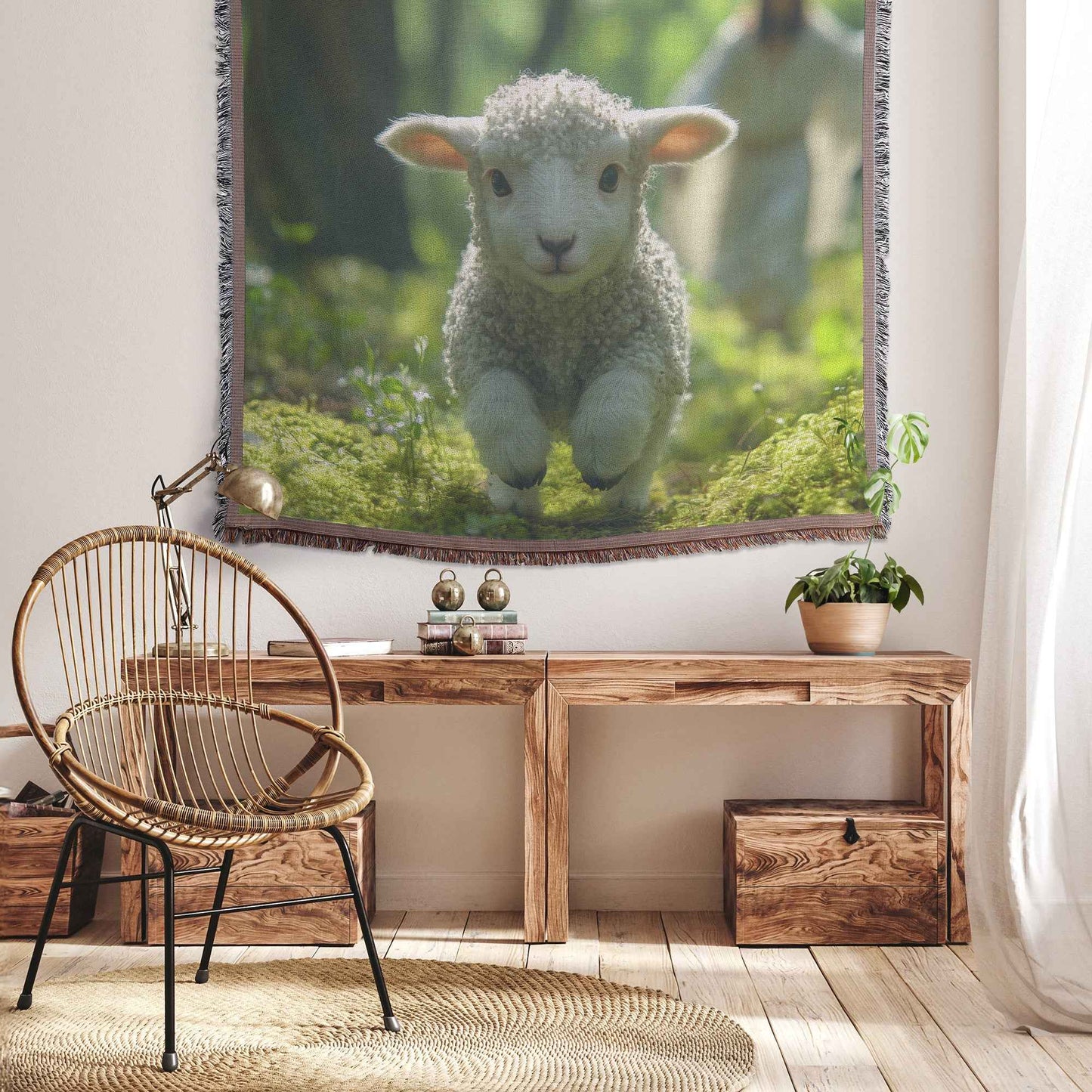 Joyful Lamb in Enchanted Forest with Jesus Christ Christian Woven Throw Blanket  Cozy Woven Kids Comfort Blanket  Holy Faith Inspired Healing Blanket for Children