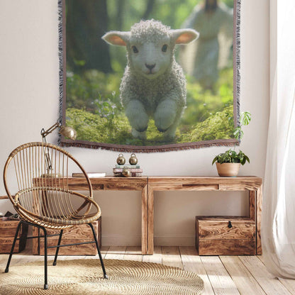 Joyful Lamb in Enchanted Forest with Jesus Christ Christian Woven Throw Blanket  Cozy Woven Kids Comfort Blanket  Holy Faith Inspired Healing Blanket for Children