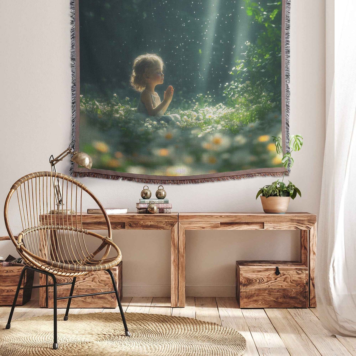 Little Girl Praying in a Dreamy Garden Christian Throw Blanket  Cozy Woven Kids Comfort Blanket  Holy Faith Inspired Healing Blanket for Children