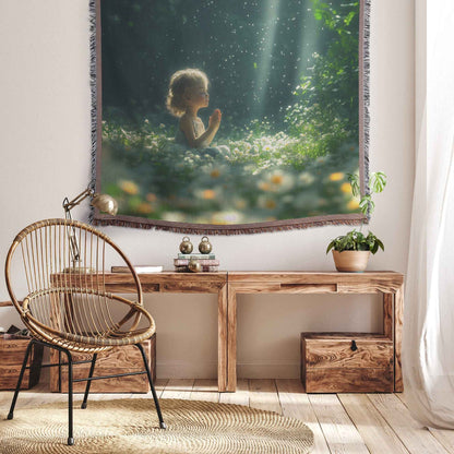 Little Girl Praying in a Dreamy Garden Christian Throw Blanket  Cozy Woven Kids Comfort Blanket  Holy Faith Inspired Healing Blanket for Children