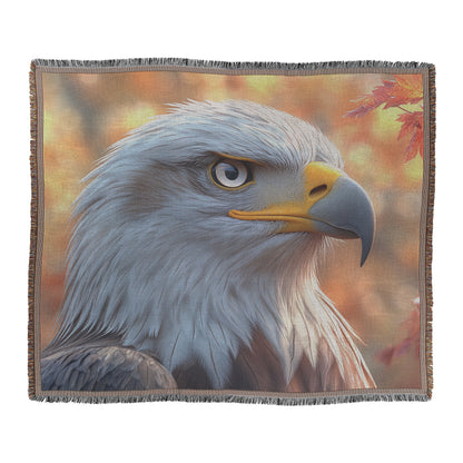 Majestic Eagle Close-Up  Powerful Wildlife Art with Autumn Foliage  Woven Throw Blanket for Home or Office Decor - Awakening Righteousness