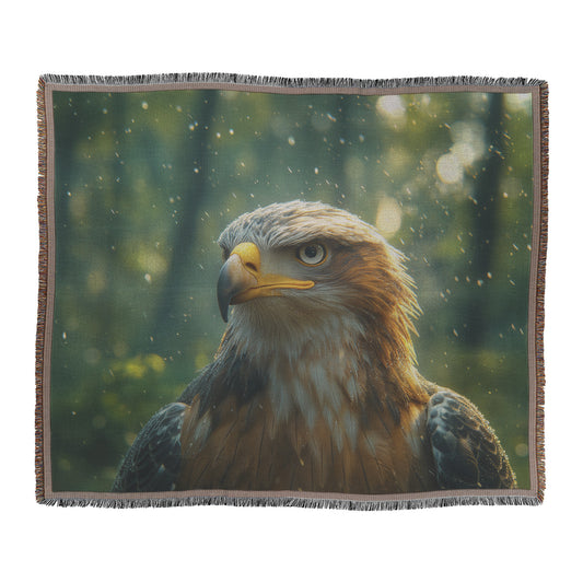 Majestic Eagle in the Forest  Dawn Rain Scene Woven Throw Blanket Featuring Powerful Wildlife and Natural Beauty for Home and Office Décor - Awakening Righteousness